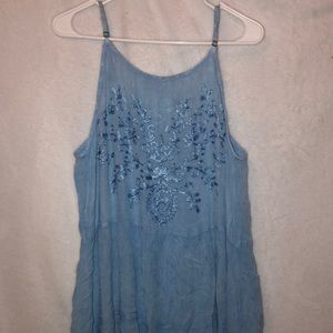 Short Blue Dress with Embroidered Detail